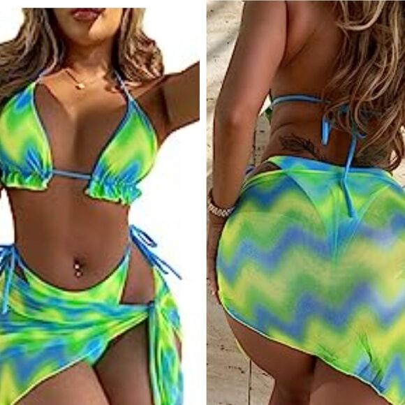 Tie Dye Halter Ruffled Bikini Female Micro Swimsuit 3pc new - Picture 1 of 15